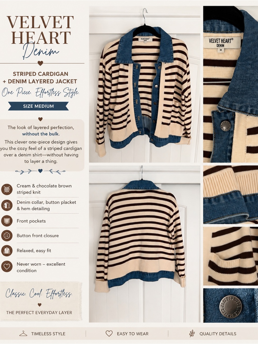 Velvet Heart Denim Striped Cardigan + Denim Layered Jacket | Size M | Never Worn